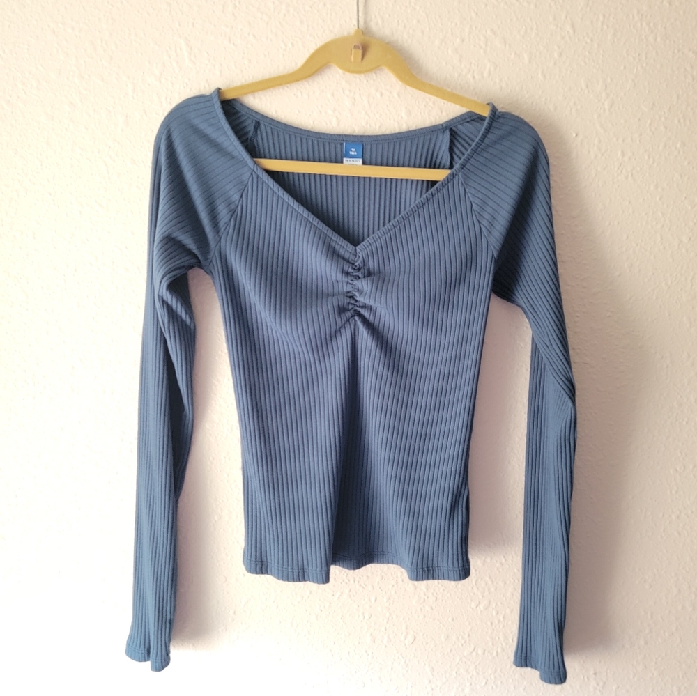 Old Navy Classic Teal Sporty V-neck Stretchy Rib Knit Blouse Blue Green Top